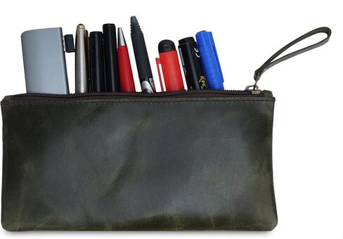 Leather Pencil Pouch, Currency Pouch, Leather Pencil Case, Zippered Pouch Paper Money, Pen Case, Pen & Marker Case, Pencil Case For Artists & Professionals (Brown) in Saudi Arabia