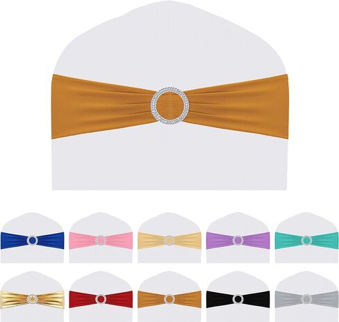 100 قطعة من أوشحة الكرسي المصنوعة من الألياف اللدنة وأقواس غطاء الكرسي المطاطية مع مشبك منزلق لتزيين حفلات الزفاف وحفلات الاستقبال (ذهبي) in Kuwait