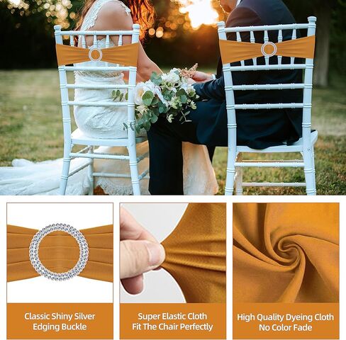 100 قطعة من أوشحة الكرسي المصنوعة من الألياف اللدنة وأقواس غطاء الكرسي المطاطية مع مشبك منزلق لتزيين حفلات الزفاف وحفلات الاستقبال (ذهبي) in Kuwait