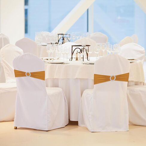 100 قطعة من أوشحة الكرسي المصنوعة من الألياف اللدنة وأقواس غطاء الكرسي المطاطية مع مشبك منزلق لتزيين حفلات الزفاف وحفلات الاستقبال (ذهبي) in Kuwait