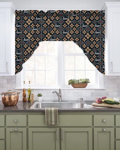 Christmas Swag Valance Kitchen Curtains, Rod Pocket Valance Curtain Panels for Bedroom Living Room Bathroom Cafe Windows, Modern Geometric Xmas Tree Red 56''x36'' in Kuwait