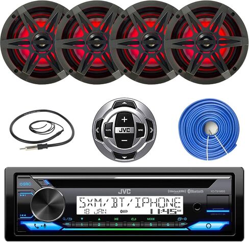 Single DIN Marine Stereo CD Receiver Bundle Combo with Wired Remote Control, 4x Enrock 6.5" LED Marine Speakers with Charcoal Grilles, Enrock Wire Antenna, Enrock 50 ft Speaker Wire in Saudi Arabia