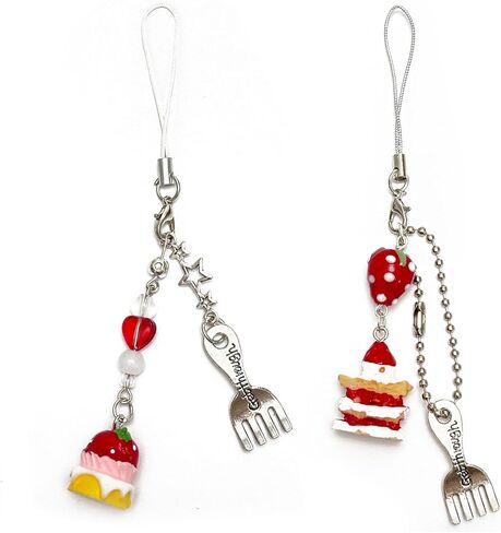 Cute Phone Charm Aesthetic Y2K Phone Charms Strap Red Strawberry Bear Star Cake Fork Spoon Heart Accessories for Phone Keychain Camera Purse Backpack Bag Pendants Décor (Cake+ Strawberry cake) in Kuwait