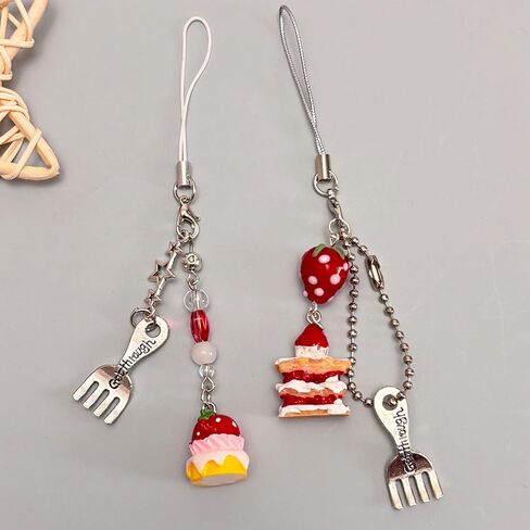 Cute Phone Charm Aesthetic Y2K Phone Charms Strap Red Strawberry Bear Star Cake Fork Spoon Heart Accessories for Phone Keychain Camera Purse Backpack Bag Pendants Décor (Cake+ Strawberry cake) in Kuwait