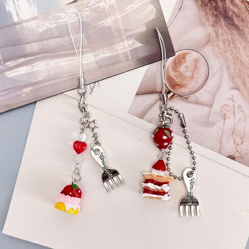 Cute Phone Charm Aesthetic Y2K Phone Charms Strap Red Strawberry Bear Star Cake Fork Spoon Heart Accessories for Phone Keychain Camera Purse Backpack Bag Pendants Décor (Cake+ Strawberry cake) in Kuwait