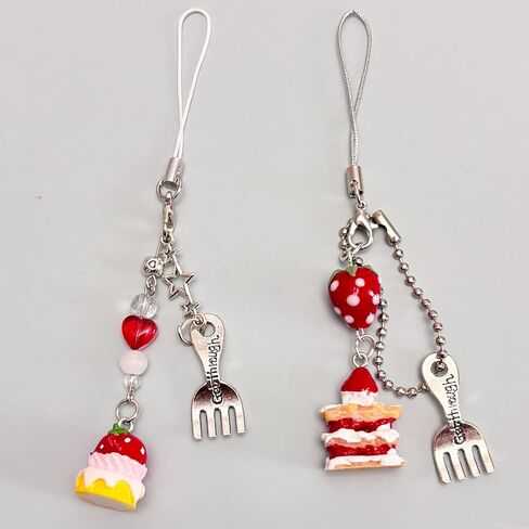 Cute Phone Charm Aesthetic Y2K Phone Charms Strap Red Strawberry Bear Star Cake Fork Spoon Heart Accessories for Phone Keychain Camera Purse Backpack Bag Pendants Décor (Cake+ Strawberry cake) in Kuwait