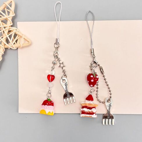 Cute Phone Charm Aesthetic Y2K Phone Charms Strap Red Strawberry Bear Star Cake Fork Spoon Heart Accessories for Phone Keychain Camera Purse Backpack Bag Pendants Décor (Cake+ Strawberry cake) in Kuwait