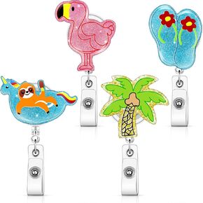 4 Pieces Summer Beach Badge Reels Sloth in Summer Pool ID Badge Holder Retractable Flamingo Palm Tree Holiday Badge Reels for Office School Worker Doctor Nurse