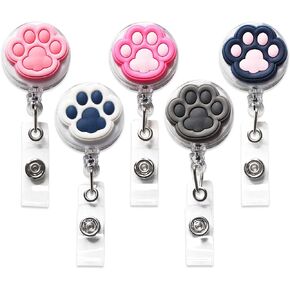 5Pcs Cat Paw Cute Retractable ID Badge Reel, Rubber Plastic Holder Badge Reels Clip for Nurse and Studen