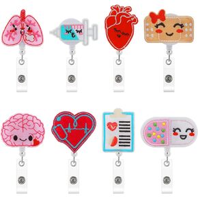 8 Pieces Nurse Retractable Badge Holders Felt Badge Reels, Brain Heart Lung Pill Syringe ID Badge Reel Cute Themed Badge Holder with Alligator Clip for Doctor Teacher Student Gifts