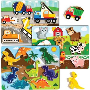 Large 3 Pk Wooden Toddler Puzzles Ages 2-4 | Wooden Puzzles for Toddlers 1-3 | Montessori Toys for 2 Year Old | Toddler Toys Age 2-4 | Learning Toys for 2+ Year Olds | Educational Toys | STEM