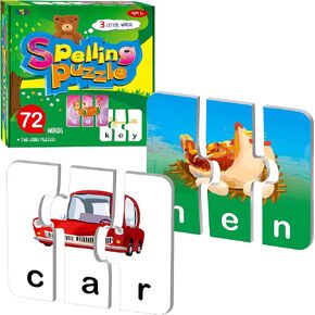 72 Word Spelling Puzzles with Error-Correction Mechanism in 3 and 4 Pieces, Perfect for Preschool Learning (36 Blocks Double Sided)