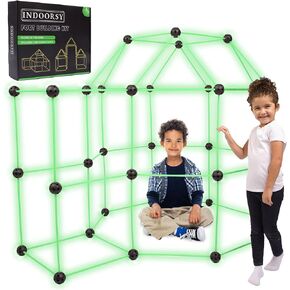 100pc Glow in The Dark Kids Fort Building Kit for Kids 4-8 and 8-12 | Tiny Home Kit for Indoor Fun | Toys for Kids Magic Fort Building Kit with Box, Storage Bag, Lights | Play Fort for All
