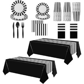 154 PCS Black and White Disposable Dinnerware Set Black and White Party Supplies Striped Tablecloth with Tableware Black and White Stripe Table Cover Plates Cups Napkins, Black Knives Forks Spoons