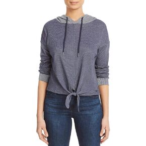 Andrew Marc Women's Pinstripe Denim Jersey Hooded Tie Front Top