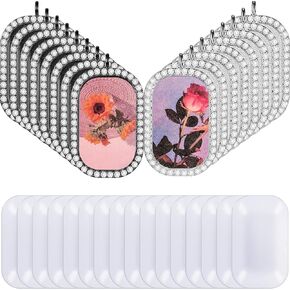 Hicarer Rhinestone Pendant Tray Set Includes 8 Rhinestone Bezel Oval Pendant Bases and 8 Glass Cabochons Jewelry Making DIY for Necklace Bracelet Craft Project Photo Ornament(16 Pieces)