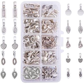 PH PandaHall 200 Pieces 10 Style Tibetan Silver Alloy Glue-on Flat Pad Bails for Earring Bails or Scrabble and Glass Pendants Charms Connector Jewelry