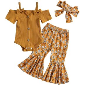 Emmababy Cow Outfit Baby Girl Bell Bottoms Romper Off Shoulder Ribbed Bodysuit Ruffle Flare Pants Set Toddler Summer Clothes