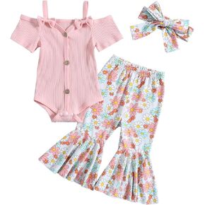 Emmababy Cow Outfit Baby Girl Bell Bottoms Romper Off Shoulder Ribbed Bodysuit Ruffle Flare Pants Set Toddler Summer Clothes