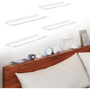 Clear Acrylic Floating Headboard Shelf Set of 4, Bed Caddy and Bedside Shelf Easily Expand Space, Bedside Storage Platform and Organizer for Dorm Room and Bunk Bed, Adhesive Shelf in Saudi Arabia