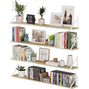 Wallniture Bora Long Floating Shelves, 48"x6" Wall Bookshelf Living Room, Bathroom & Kitchen Wall Mounted Shelves, Rustic Wall Shelves for Bedroom, Wall Shelf Set of 4, Burnt