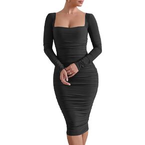 HOCILLE Women's Sexy Long Sleeve Bodycon Square Neck Ruched Cocktail Party Midi Dresses