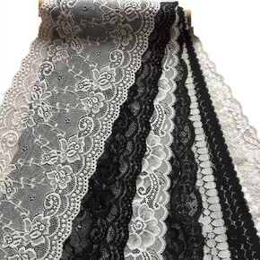 LaceRealm 7 Inches Wide Assorted Black and White Embroidery Floral Stretch Lace Elastic Trim Fabric for Garment and DIY Craft Supply- 8 Assorted Patterns,1 Yard Each