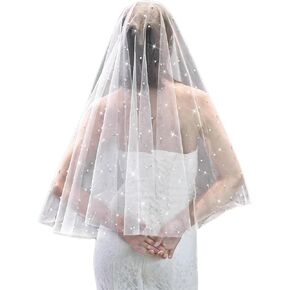 Bridal Rhinestone Pearl Veil 1 Tier Sparkly Tulle Fingertip Rhinestone Veils Glitter Wedding Veil with Comb White Bachelorette Veil for Bride