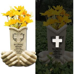 Cemetery Vases for Grave with Solar LED Lights, Fresh Artificial Flower Holder Cemetery Headstones Decor Memorial Gravestone Decorations