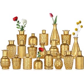 Glass Gold Bud Vases for Centerpieces: Glasseam Vintage Bulk Small Vase Set of 20 Golden Flower Vase for Flowers Decorative Vases for Decor Dining Table Wedding Centerpiece Room Decorations