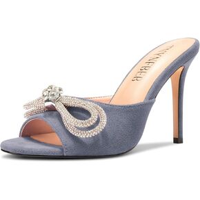 Womens Stiletto High Heel Peep Open Toe Sandals Mules Shoes Slingback Slip-on Rhinestone Crystal Bow-knot Prom Dress 3.9 Inches Heels