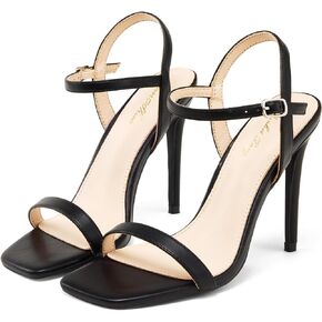 Elisabet Tang Women's High Heeled Sandals 4 Inch Strappy Sling Back Stilleto Open Square Toe Heels with Ankle Straps at Wedding Party Prom Work Dating