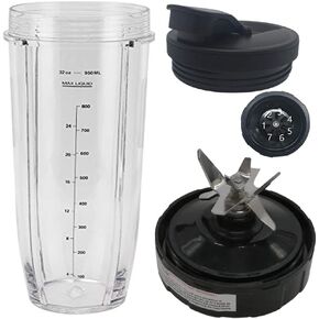 Replacement parts 7 male fins blade with 32oz cup and spout lid for 1200W Nutri Ninja Auto-IQ Smooth Boost Blender:BL490 30/BL491 30/BL492 30/BL492W 30/ BL493Z 30/BL494 30 (10, 27)