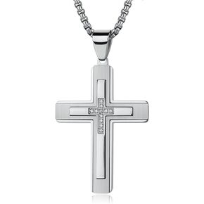 Cross Pendant Necklace for Men, Large Jesus Christ 316L Stainless Steel Cross Pendant Necklace, Box Chain Heavy Duty Necklace for Men