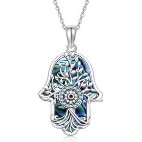 Hamsa Necklace 925 Sterling Silver Evil Eye Tree of Life Pendant Jewelry Hand of Fatima Gifts for Women Men