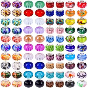 100 PCS Assorted European Beads with Copper Core Big Hole Glass Spacer No Copper Core Lampwork Colorful Beads Rhinestone Craft Beads for DIY Charm Bracelet Jewelry Making (Magnetic White Water Mark)
