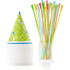 Hawaiian Shaved Ice Cups and Straws Set: 25 - 6oz. Durable Waxed Paper Snow Cone Cups plus 25 Plastic Spoon Straws, Multi-Colored