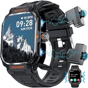 2024 New Military Smart Watch for Men with TWS Headset Bluetooth Call Outdoor Sports Fitness Activity Tracker Health Monitor Music Watch for iPhone Android (Black)