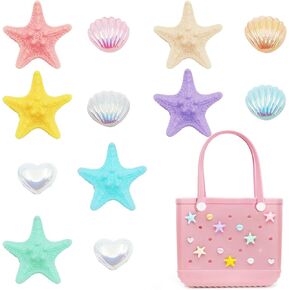 Charms for Bogg Bag, Starfish and Shells Decoration for Bogg Bag Accessories, Compatible with Women Rubber Beach Bag Tote Handbag（12 Pcs）