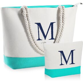 Initial Canvas Beach Tote Bag & Makeup Bag Zipper Travel Beach Essentials Personalized Birthday Gifts for Women Her