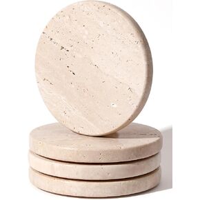 Natural Travertine 4" Round Beige Marble Coasters - Set of 4, Perfect Office Coasters and