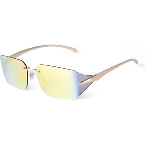 Retro Punk Sunglasses for Big Heads Men Women, Rimless Wrap Around Fashion Shades for Men Shield Sunglasses