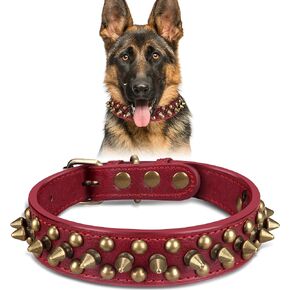 Spiked Leather Dog Collar with Bullet Rivets, Soft and Adjustable for Small Medium and Large Dogs(Red,L)