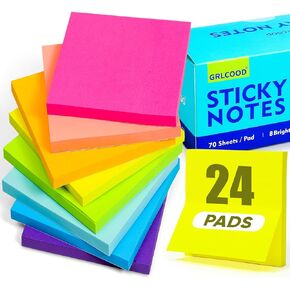 Sticky Notes, 24 Pads Sticky Notes 3x3 Inches, Strong Adhesive Sticky Note with 8 Bright Colors 3x3 Sticky Notes Colorful Easy to Post for Office, Home, School, Daily Use (1680 Total Sheets)