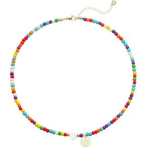 Initial Necklaces for Women Handmade Colorful Beaded Choker Necklace 14K Gold Round Coin Disc Pendant Letter Necklace Boho Summer Necklace Initial Jewelry Gift