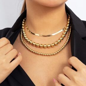 Octwine Gold Beads Ball Chain Collar Choker 3 Layered Necklace Flat Snake Bone Choker Necklaces Punk Wedding Jewelry for Women and Girls(Gold)
