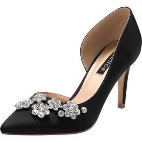ERIJUNOR Pointy Toe Mid Heels Pumps Rhinestones Evening Party D’Orsay Satin Shoes for Women