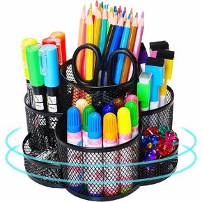 Pen Holder for Desk, 360-degree Rotating Desk Organizers with 7 Compartments –Storage 400+ Pencils, Black Desk Accessories & Workspace Organizer Mesh Desktop Caddy for Office School & Art Supplies
