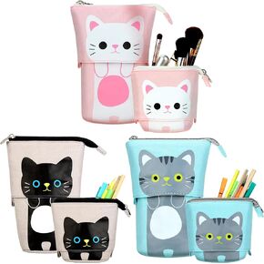 3 Pieces Standing Pencil Case Cute Stand up Pencil Pouch Portable Telescopic Pen Holder Organizer Pop up Cosmetics Bag Kawaii Stationery for Office Supplies(Gray Cat, Black Cat, White Cat)
