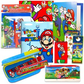 Super Mario School Supplies Set - Mario Stationery Bundle with Mario Pencil Case, Mario Pencils, Erasers, Folders, Stickers, More | Mario School Supplies for Boys